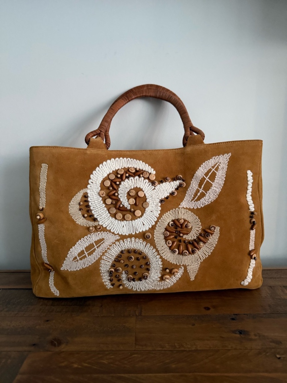 Plinio Visona Suede  Caramel Tote Bag with Embroidery and Wooden Bead Accents